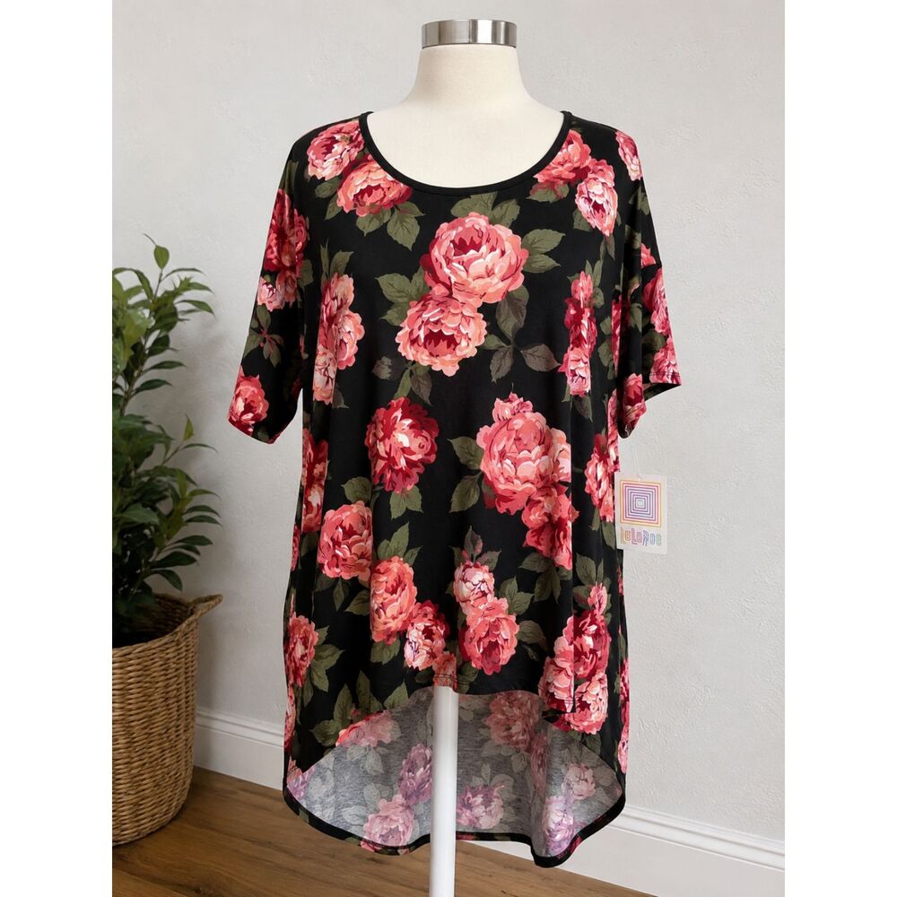 LuLaRoe Women’s L Irma Tunic NWT Black Pink Rose Floral High Low Short Sleeve